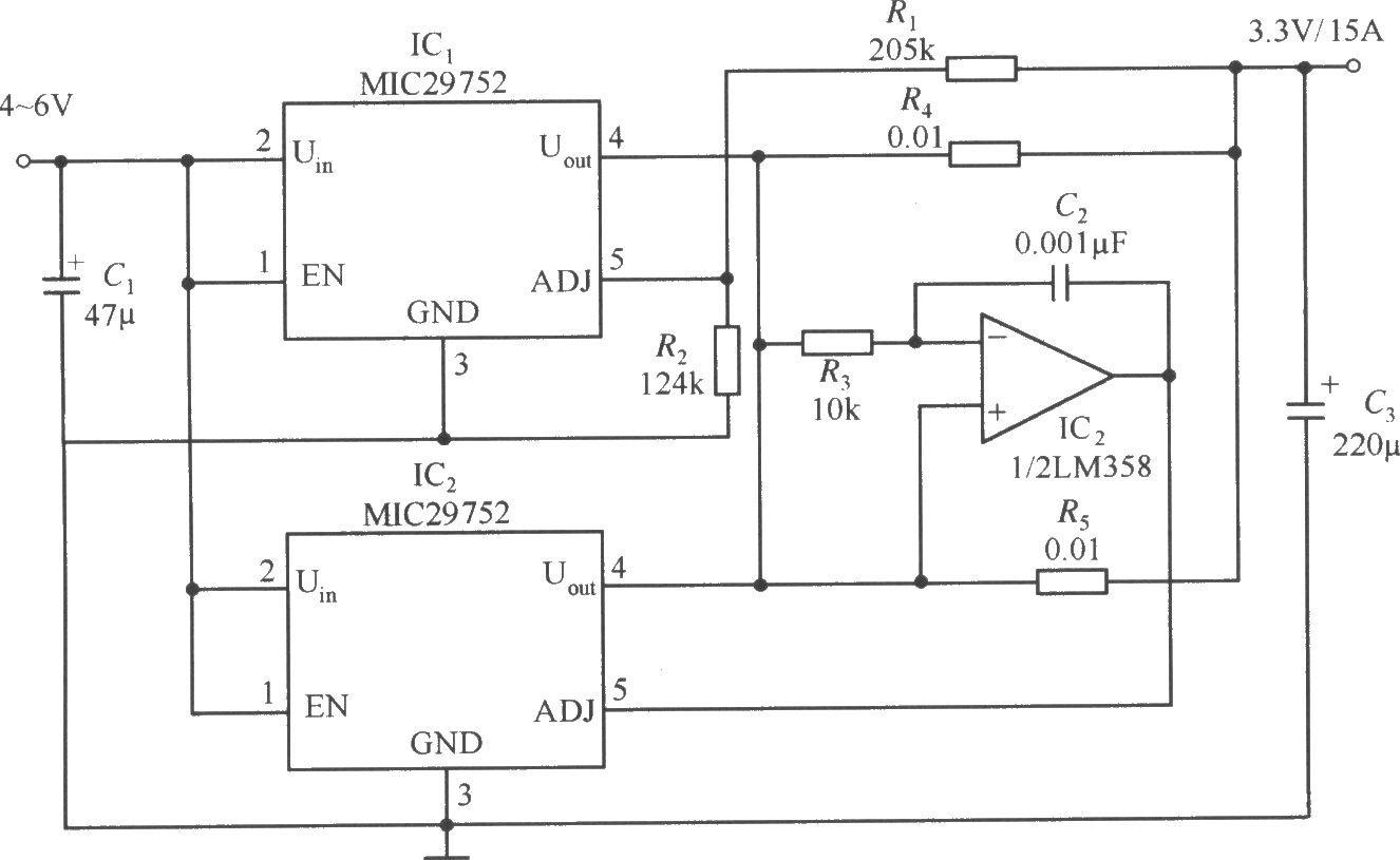 兩片MIC29752并聯(lián)工作構(gòu)成的穩(wěn)壓器電路