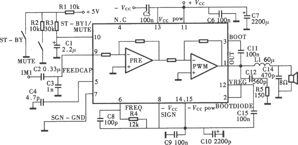 采用TDA8924單片2×120WD類功放電路