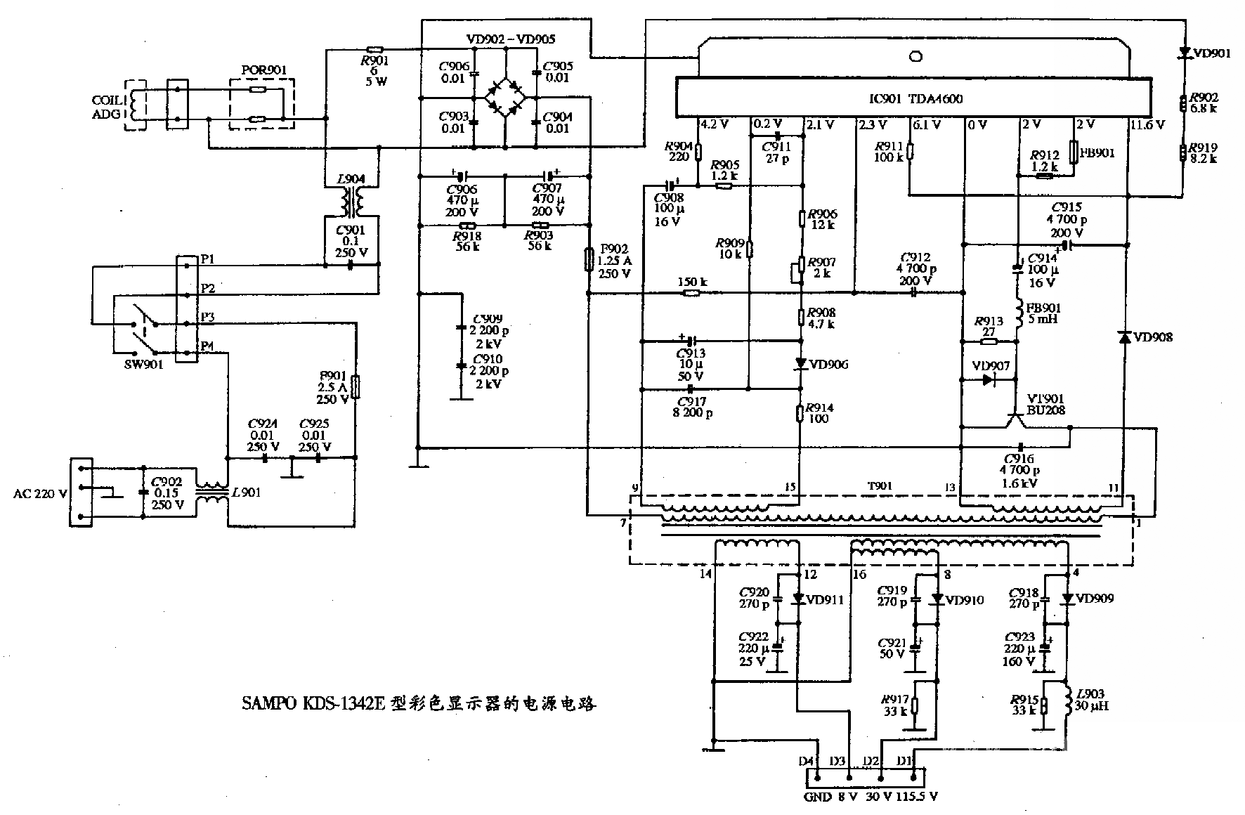 SAMPO KDS-1342E型彩色显示器的电源电路图