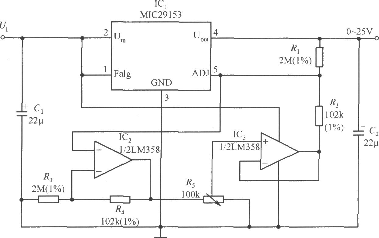 MIC29153構(gòu)成的輸出電壓0～25V連續(xù)可調(diào)的穩(wěn)壓器電路