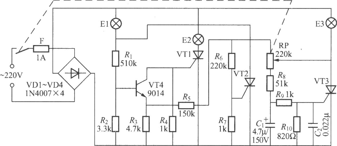 晶閘管三色調(diào)光燈電路