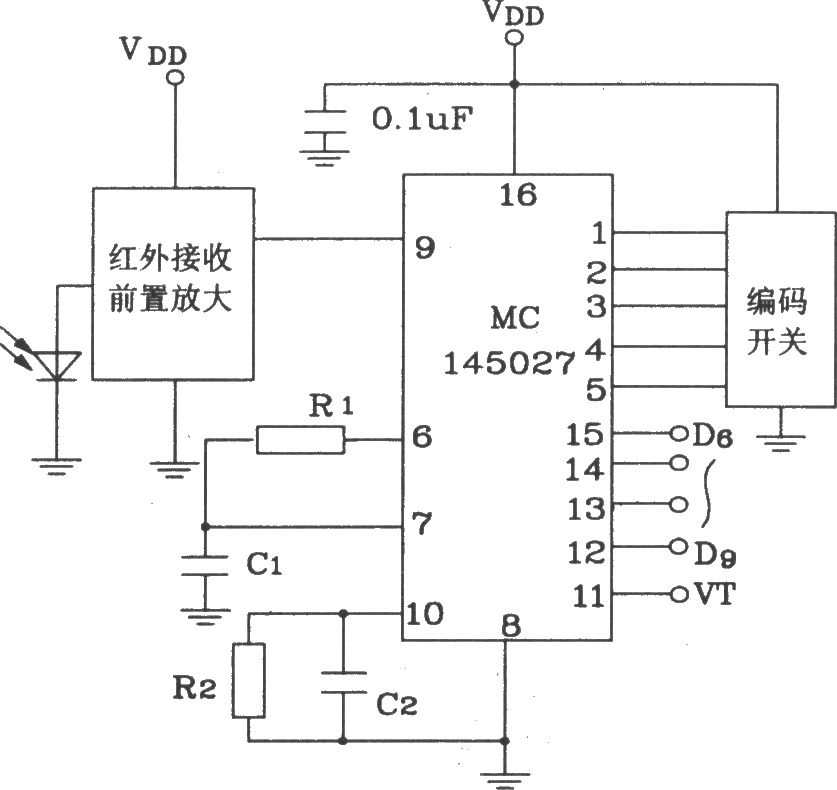 MC145026/145027構(gòu)成紅外發(fā)射、接收電路圖