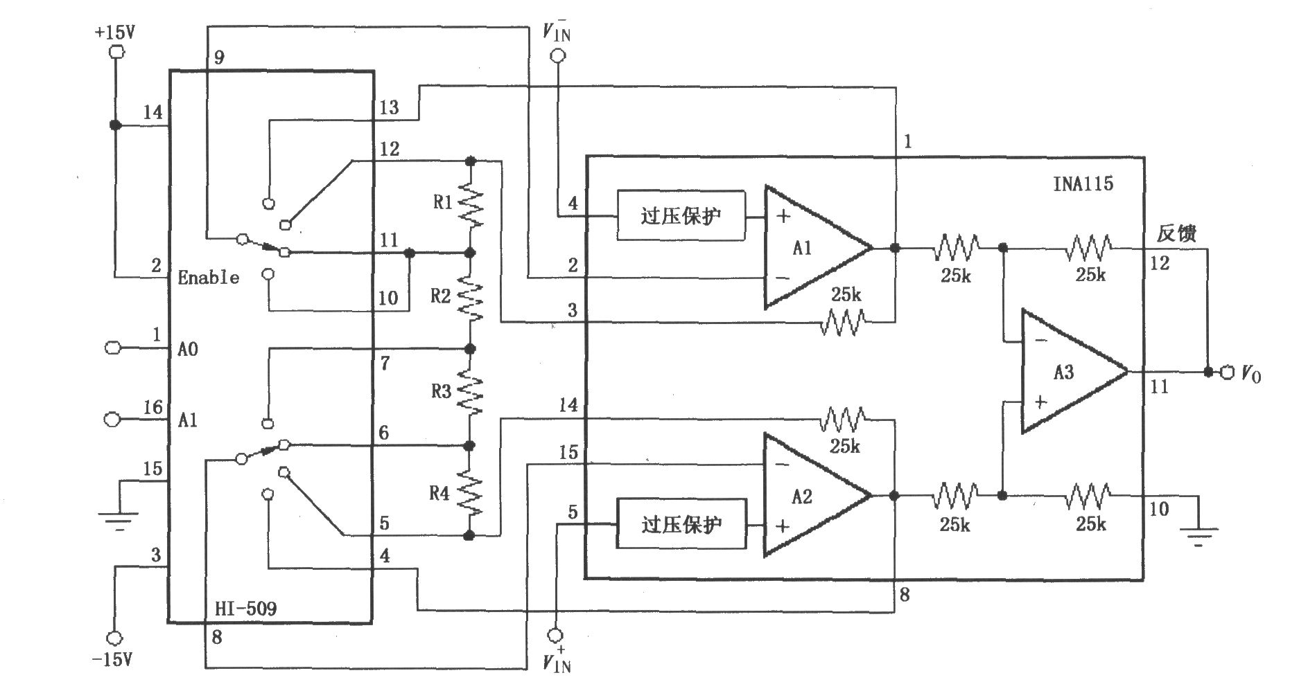 INA115构成的开关增益仪表放大电路