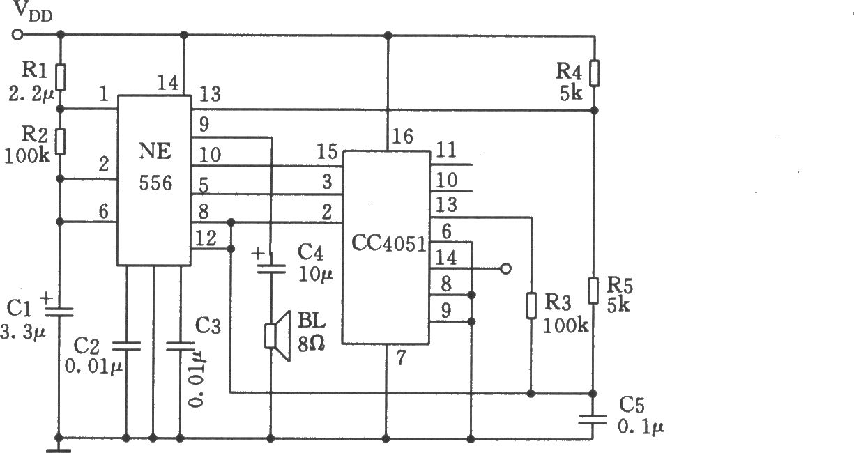由NE555、CC4051組成的多功能音響發(fā)生器