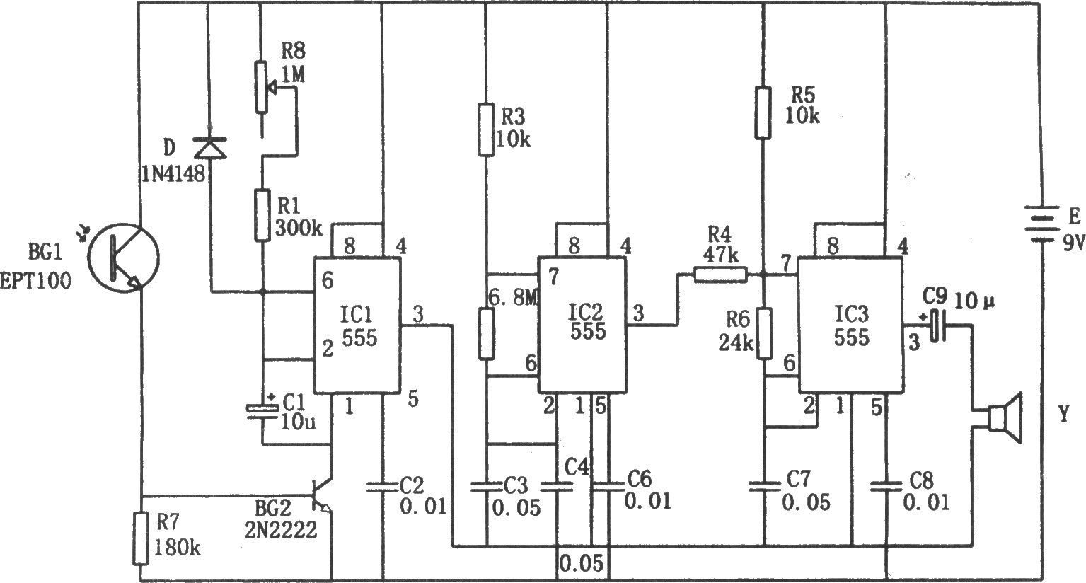 555構(gòu)成的電冰箱開門報(bào)警電路