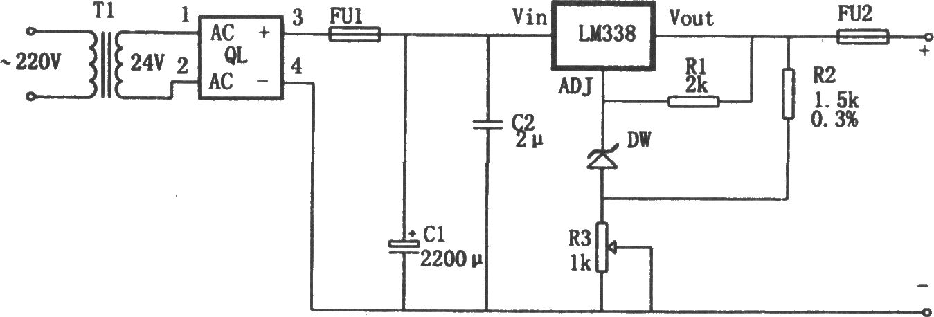 LM338構(gòu)成的高精度大電流穩(wěn)壓電源