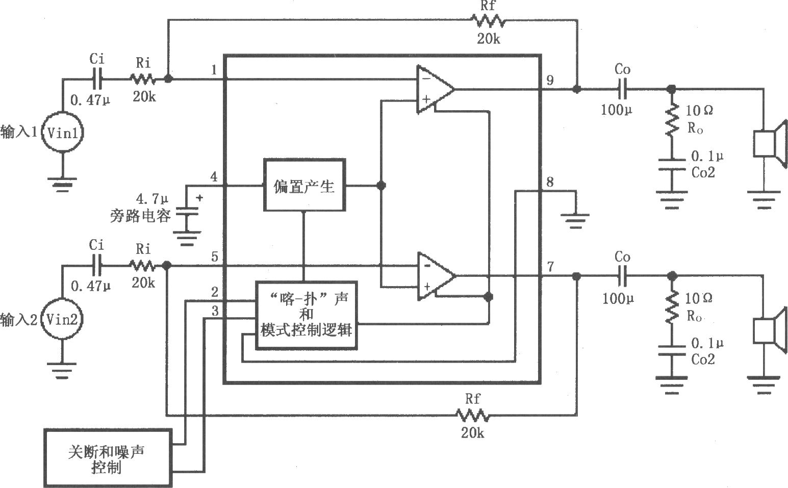 LM4916用于双声道放大器的典型电路