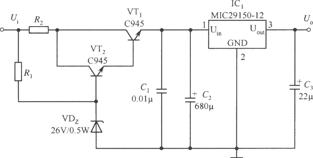 MIC29150-12構成的具有寬輸入電壓范圍的穩壓器電路