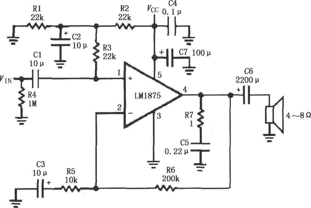 LM1875單電源供電的音頻功率放大電路