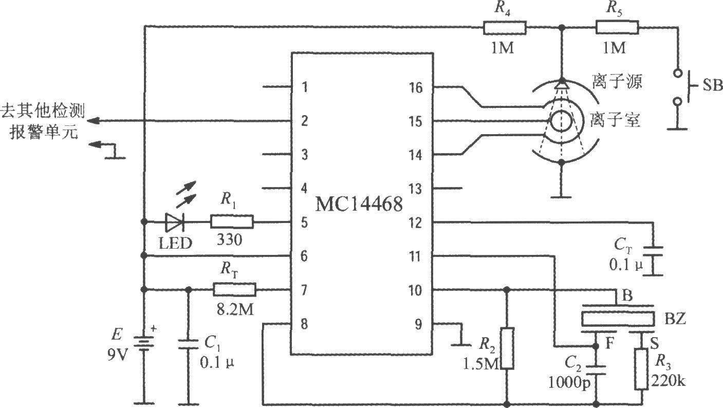 由离子型烟雾检测报警集成电路MC14468构成的烟雾检测报警电路