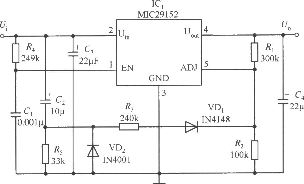 MIC29152構(gòu)成的延遲啟動的穩(wěn)壓器電路