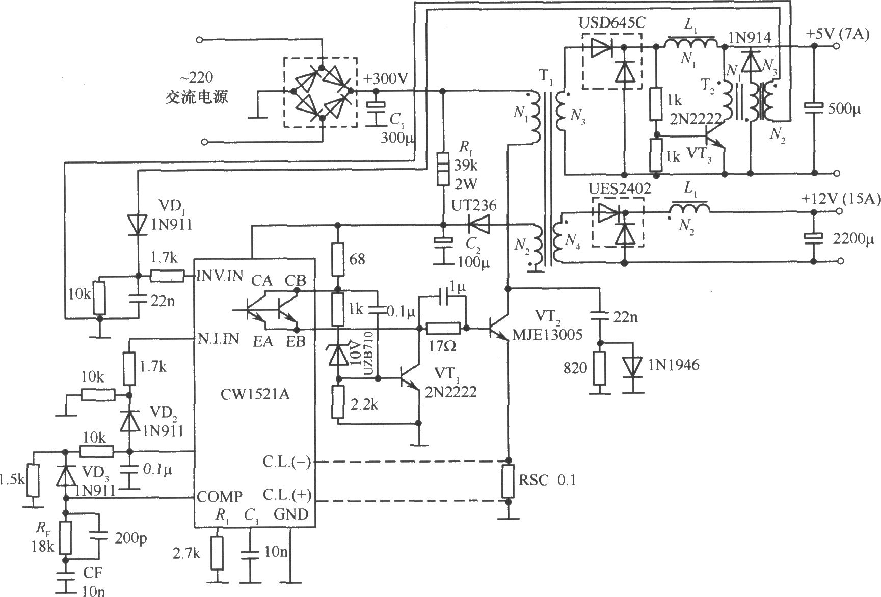 由CW1524A制作的单端正激变换隔离式开关稳压电源电路