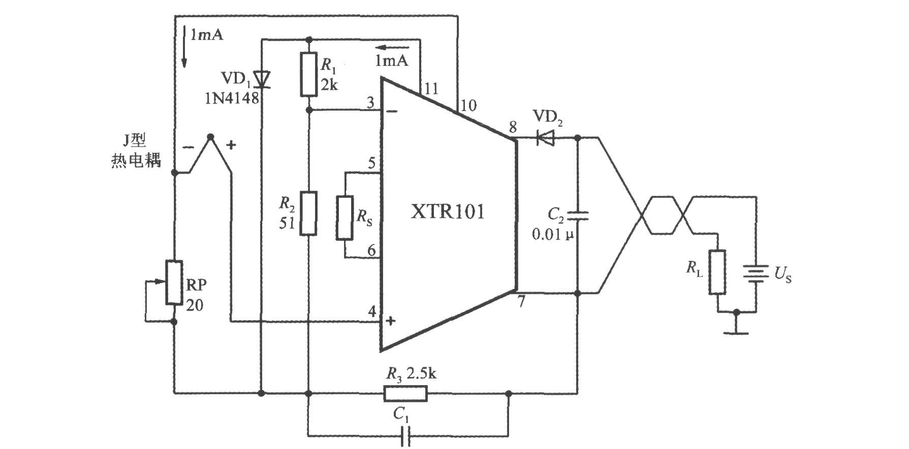 由精密電流變送器XTR101構成帶冷端溫度補償功能的J型熱電偶輸入