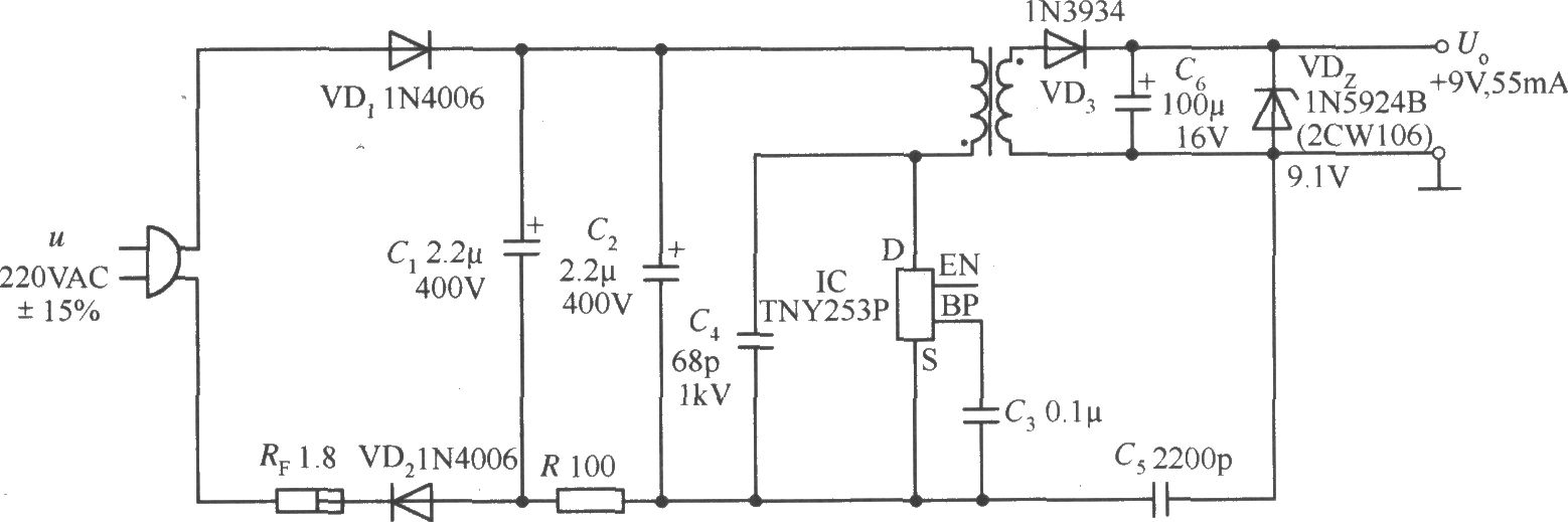 由TNY253P構成的9V、55mA AC／DC變換器電路