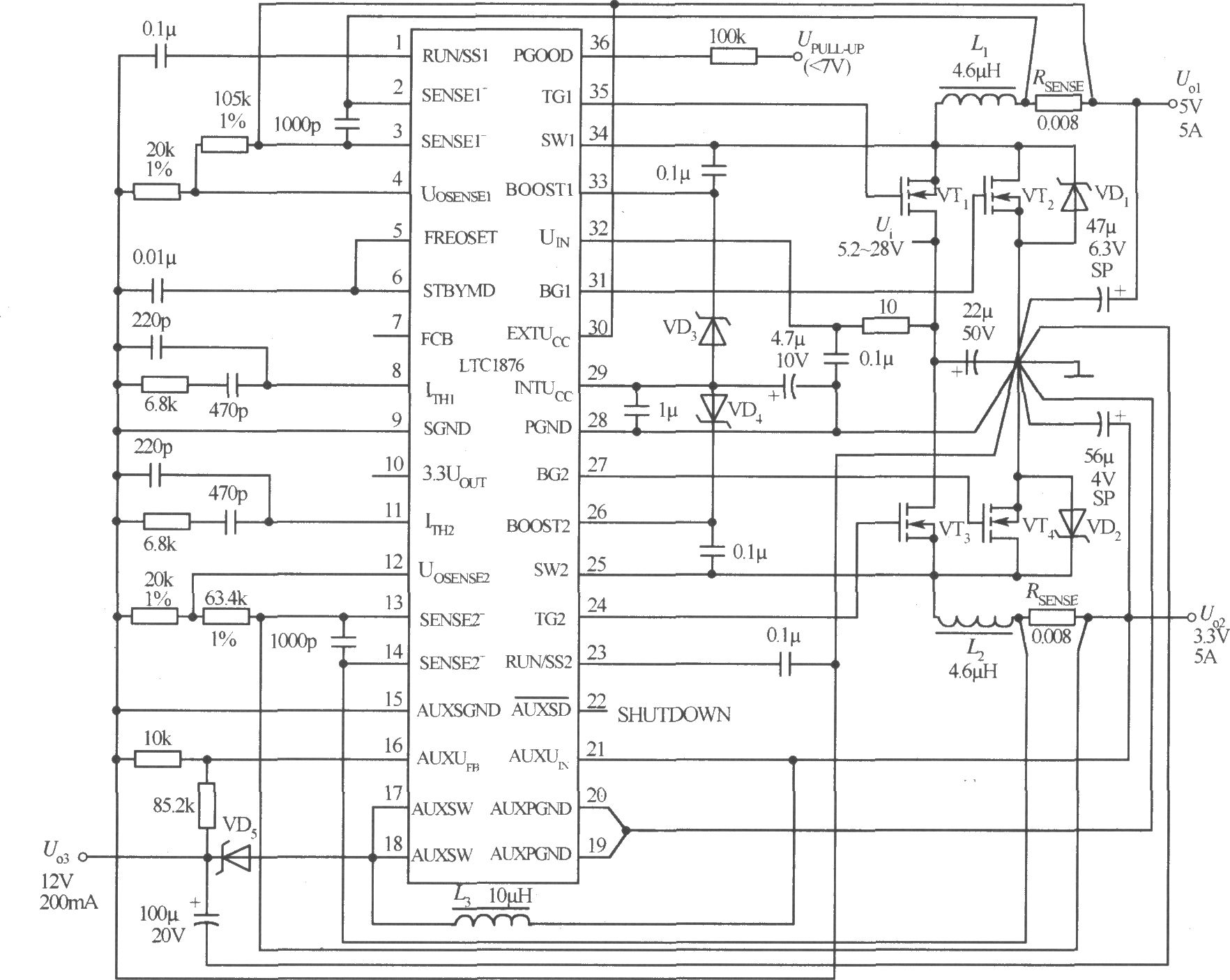 高效三输出电压5V／3.3V，12V／200mA电源电路(LTC1876)