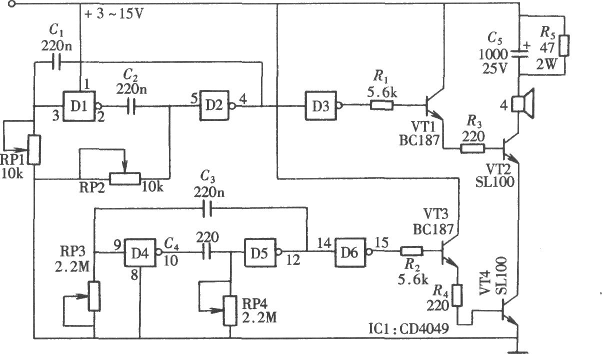 由CD4049组成的多音调蜂鸣器电路