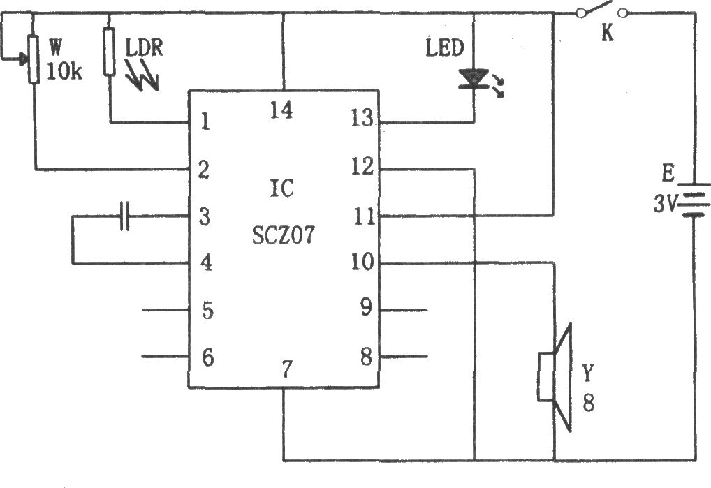 SCZ07构成的光弱报警器电路