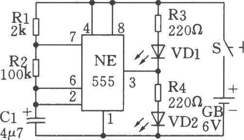 利用555時(shí)基電路制成的低頻振蕩(閃爍發(fā)光電路)電路二