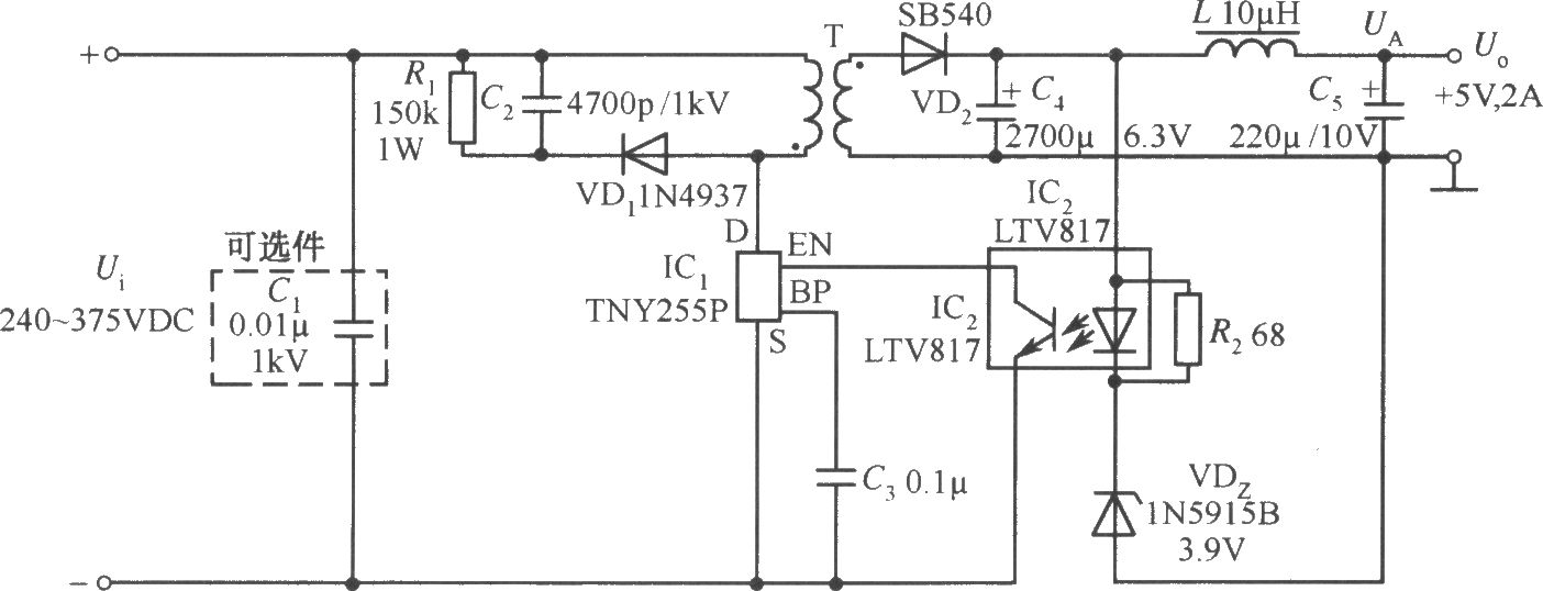 TNY255P構(gòu)成的5V、2A PC待機(jī)電源電路