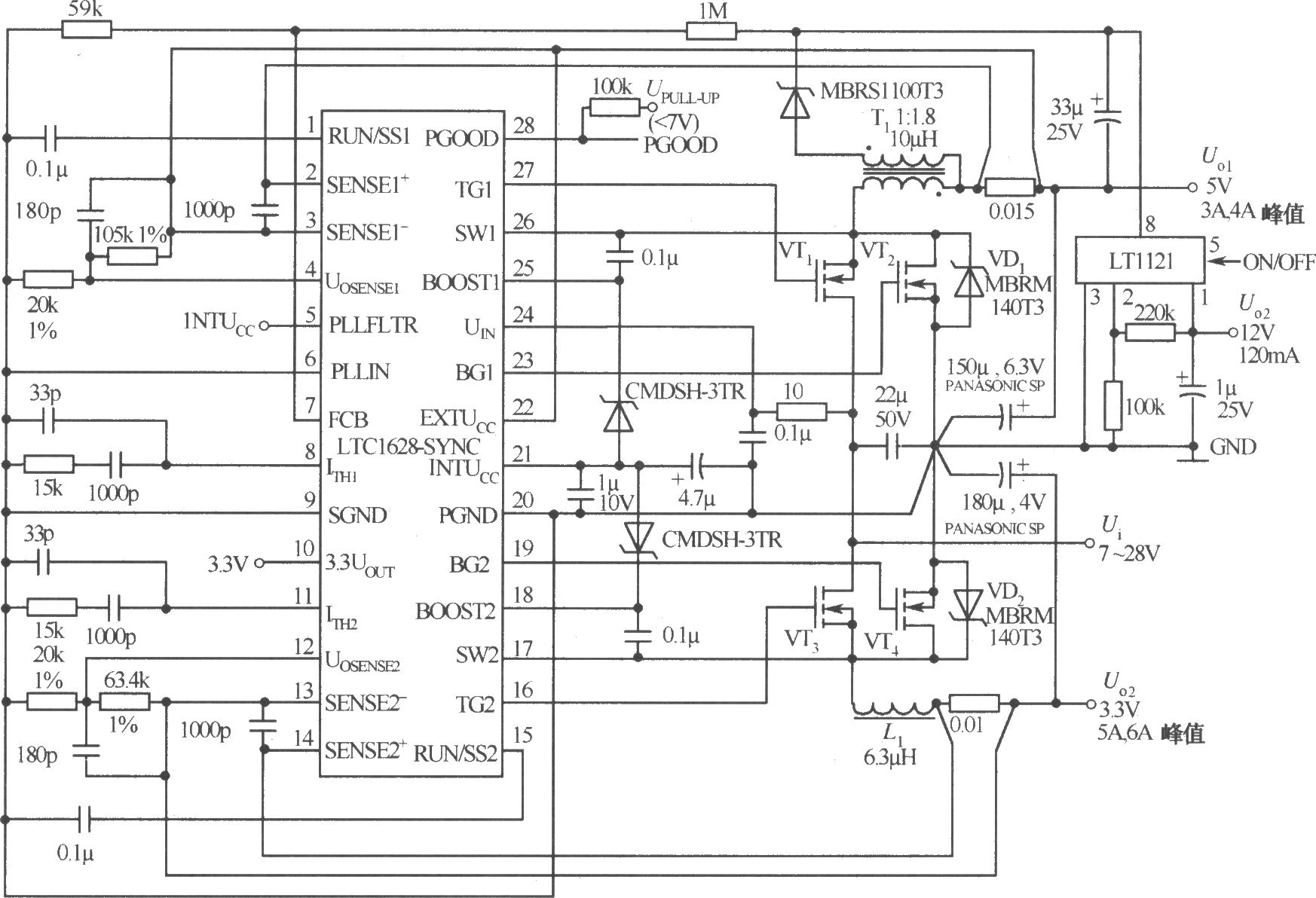 由LTC1628-SYNC构成的输出为5V/3A，12V/120mA，3.3V/5A三路直流