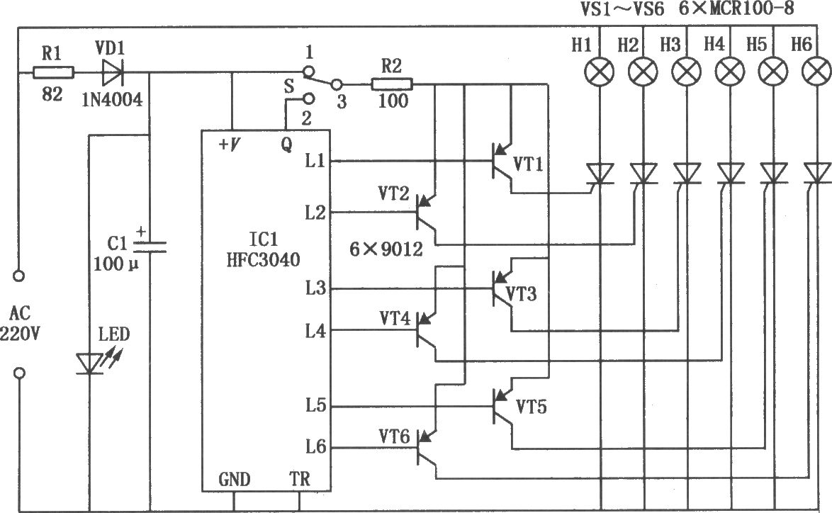 HFC3040構成的六路循環(huán)彩燈控制電路