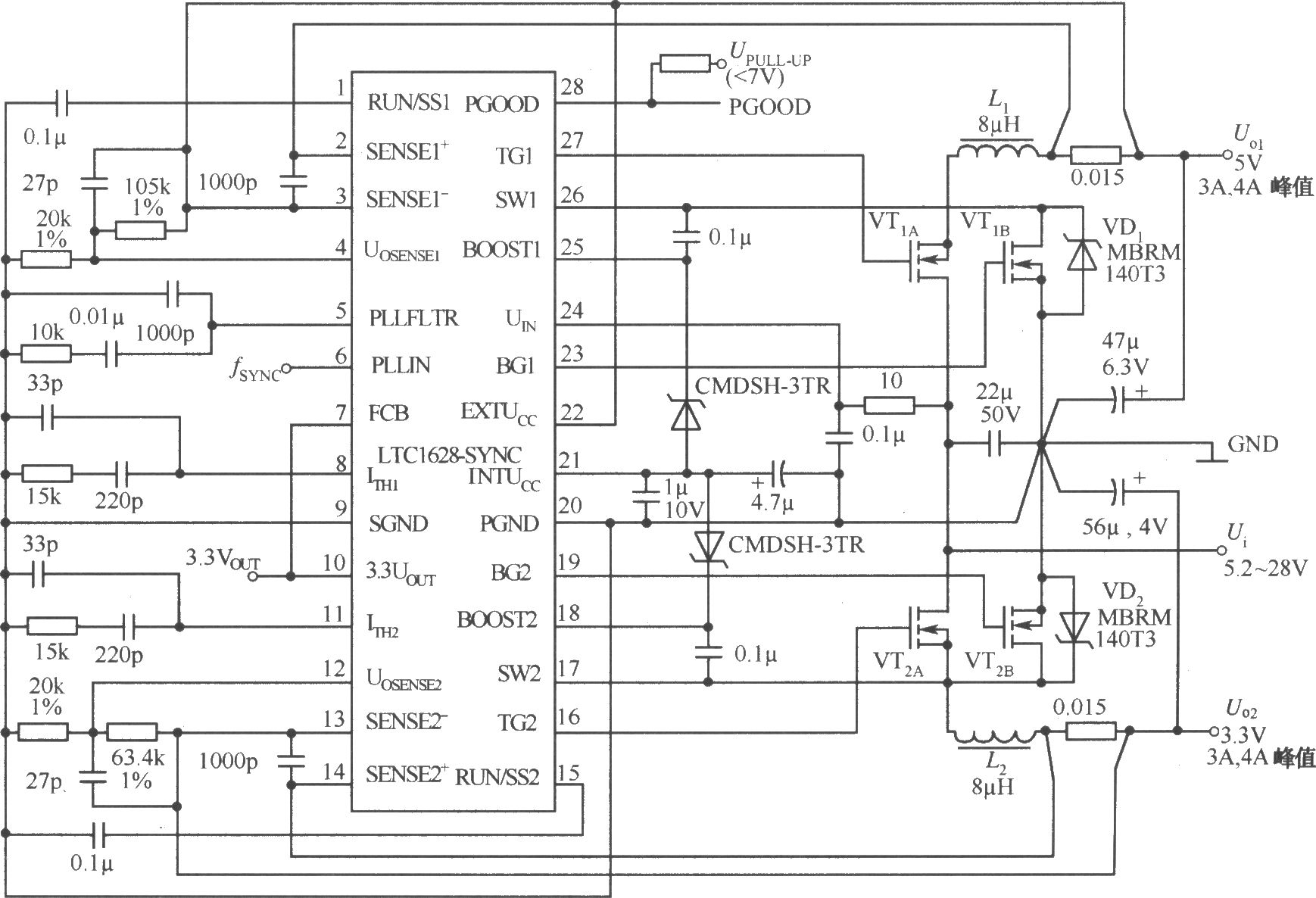 由LTCl628-SYNC构成的5V／4A，3.3V／4A双路直流稳压电源