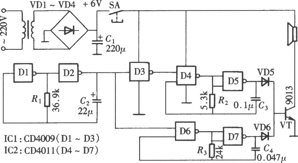 由CD4009、CD4011组成的洒水车音响效果模拟电路