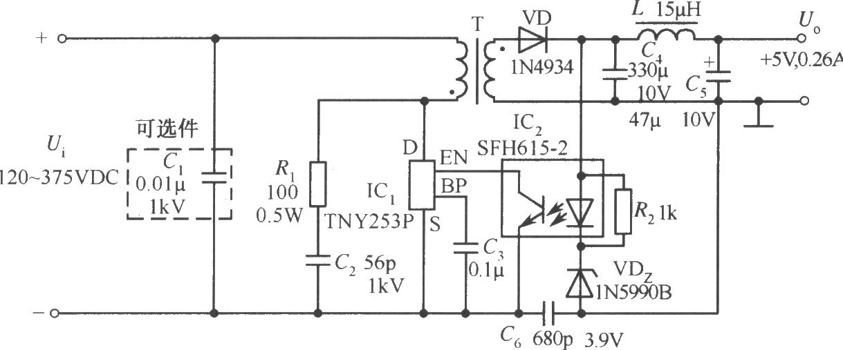 TNY253P構(gòu)成的5V、0.26A彩電待機(jī)電源電路