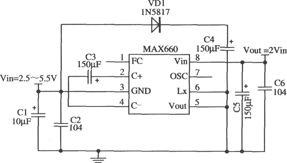 MAX660構(gòu)成輸出二倍壓的應(yīng)用電路