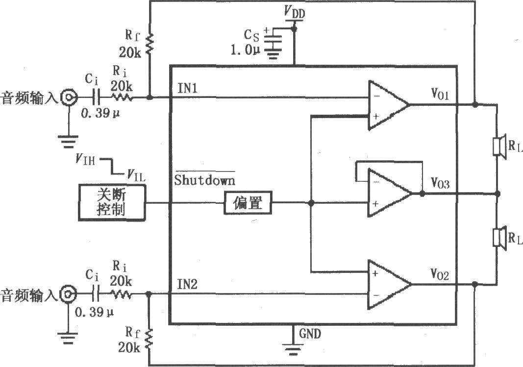 LM4910用于雙聲道放大器的典型電路