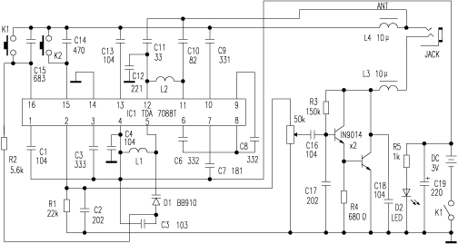 袖珍FM電調(diào)諧收音機(jī)電路