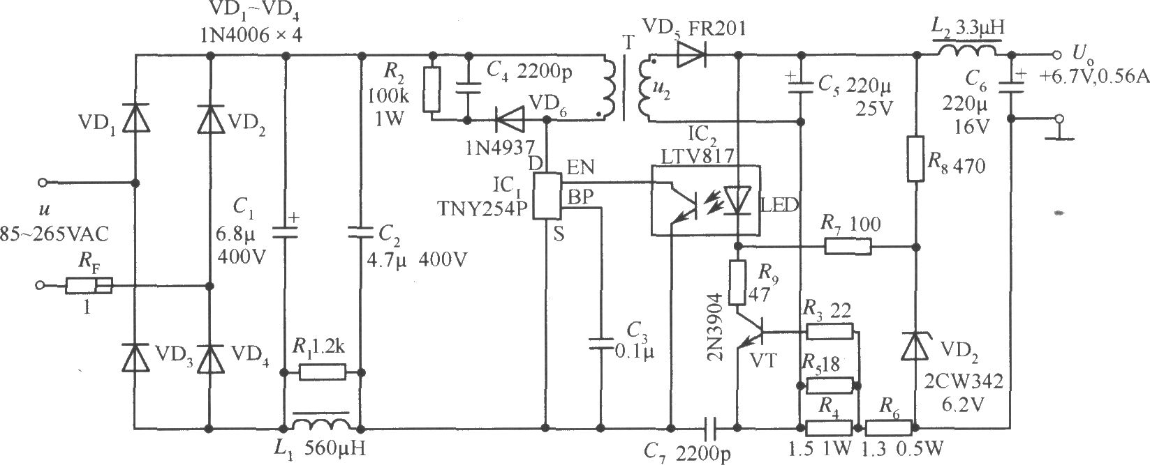 TNY254P構(gòu)成的 6.7V、0.56A手機(jī)電池恒流充電器電路