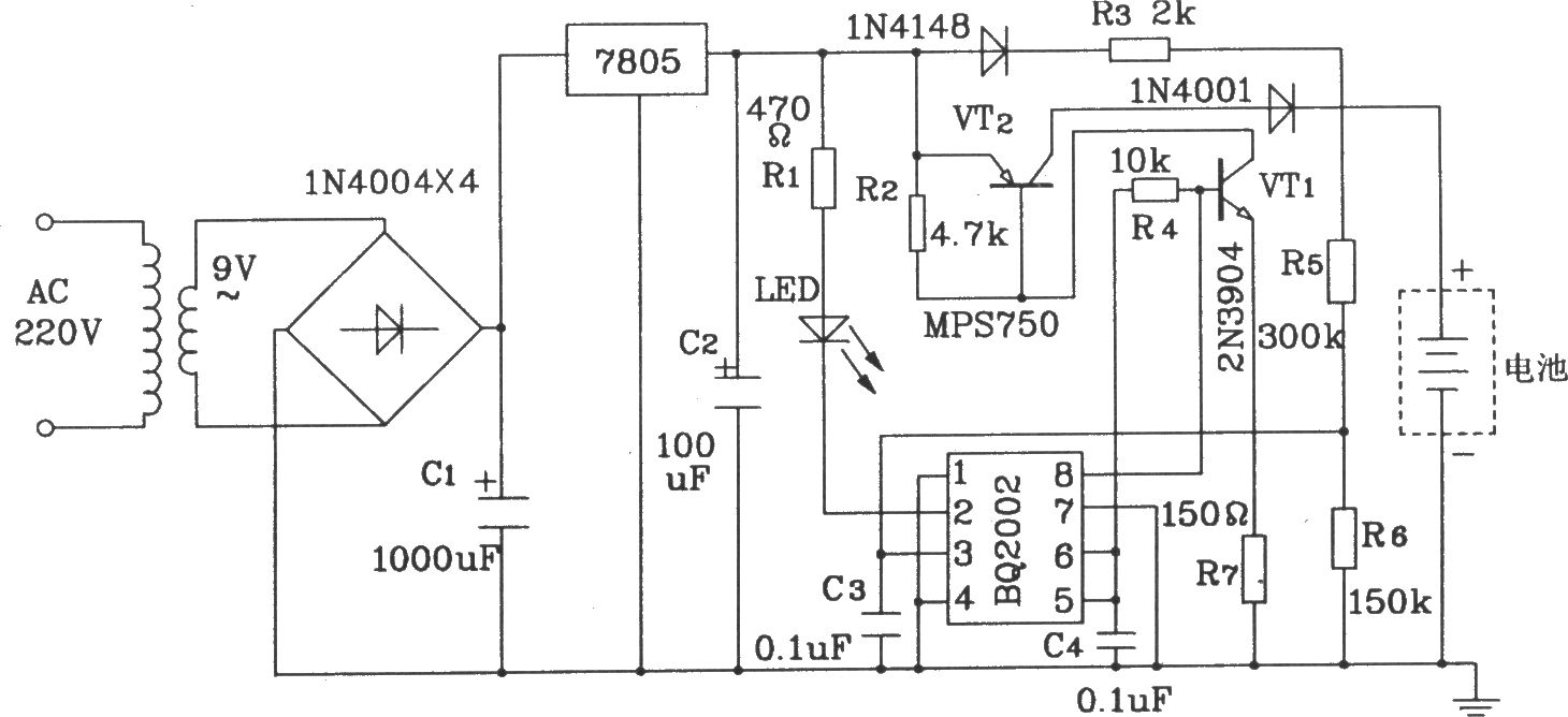 由BQ2002電池快速充電控制集成電路構(gòu)成電池快速充電電路