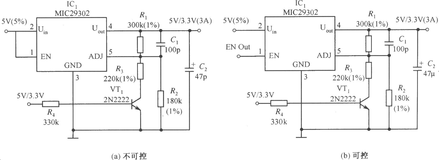 MIC29302構(gòu)成的輸出電壓為3.3V／5V可選擇的穩(wěn)壓器電路