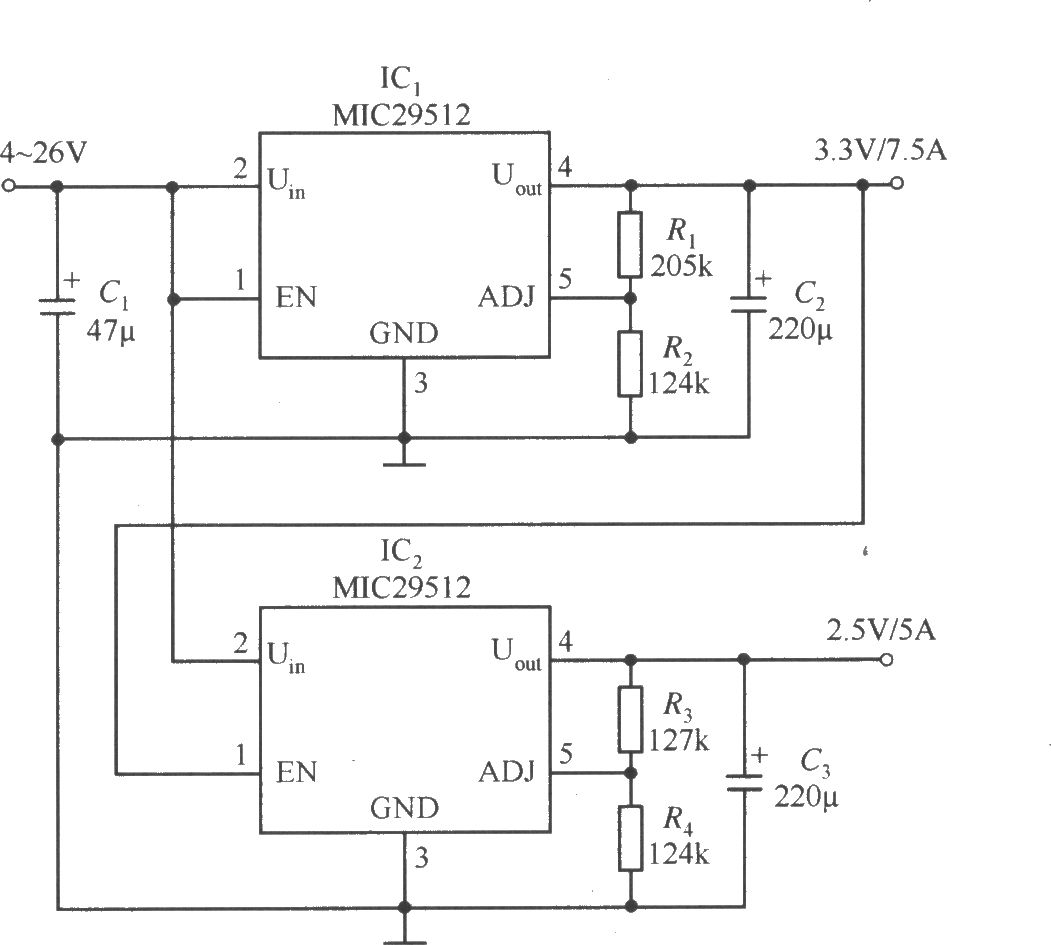 MIC29752和MIC29512構(gòu)成的互鎖輸出式穩(wěn)壓器電路