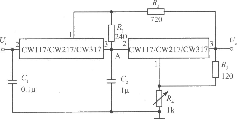 兩只CW117／CW217／CW317構成跟蹤式集成穩壓電源