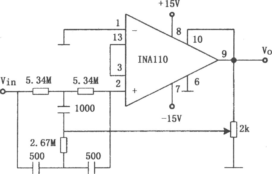 INA110构成的60Hz输入陷波滤波器