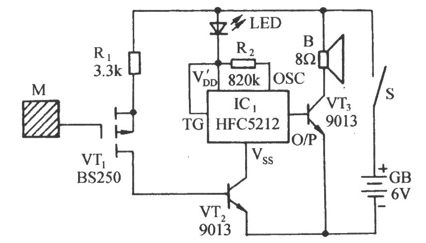 靜電探測(cè)聲光報(bào)訊器電路