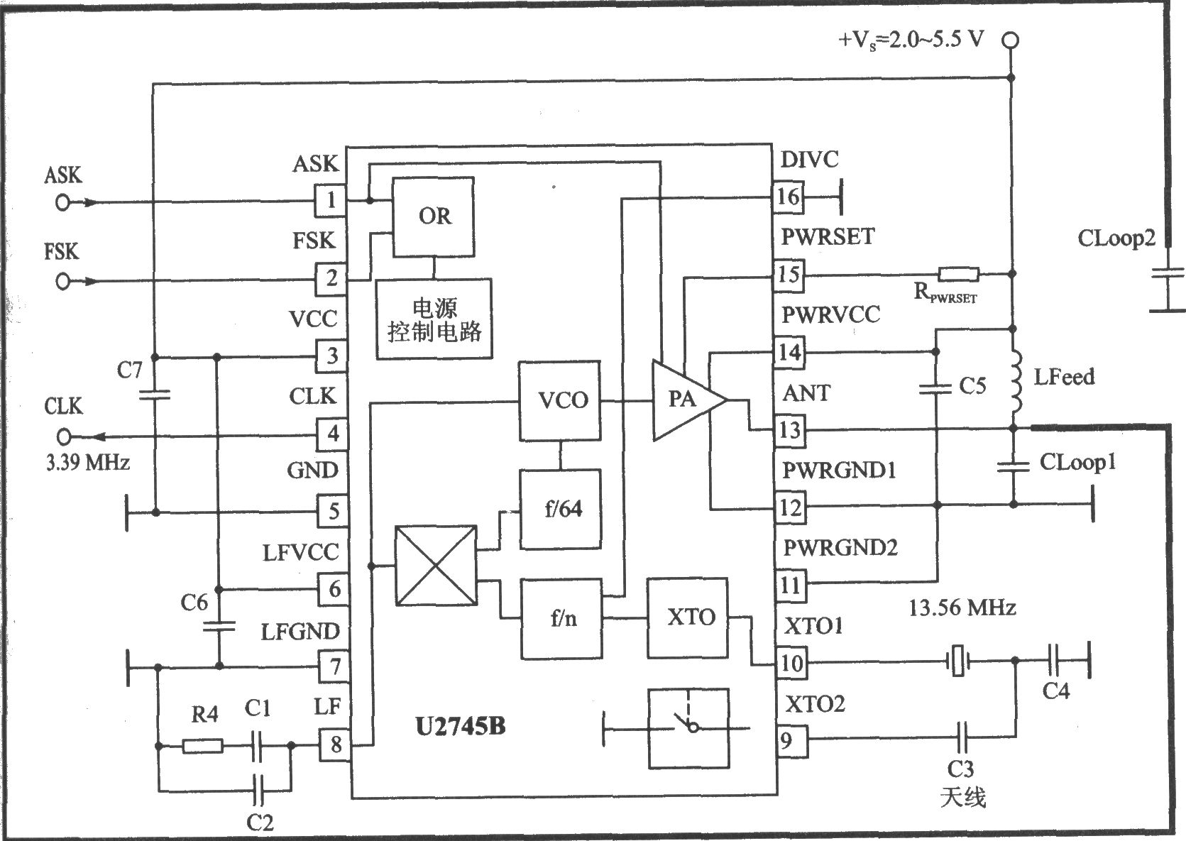 U2741B ASK/FSK 450～300 MHz發(fā)射器