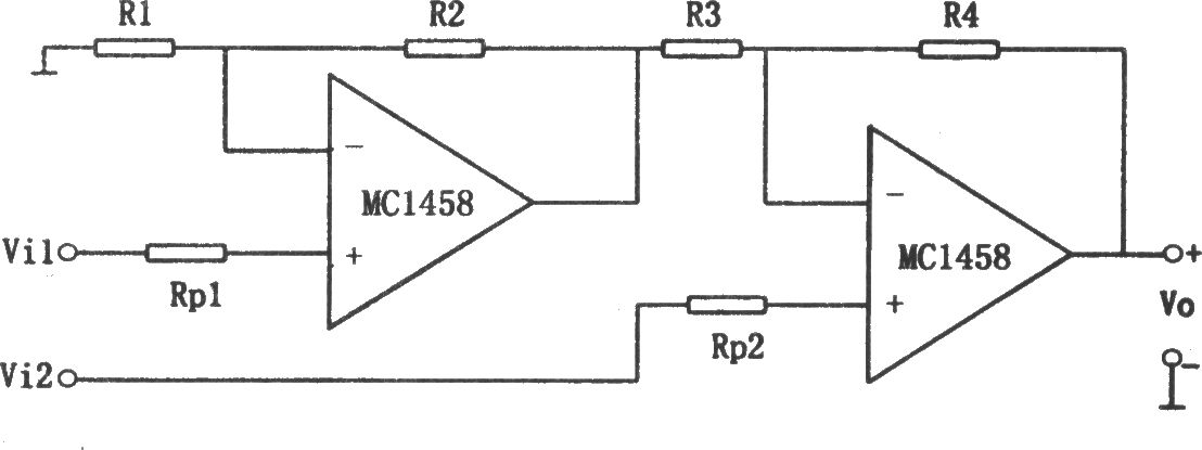 从同相端输入的两运放减法电路(MC1458)