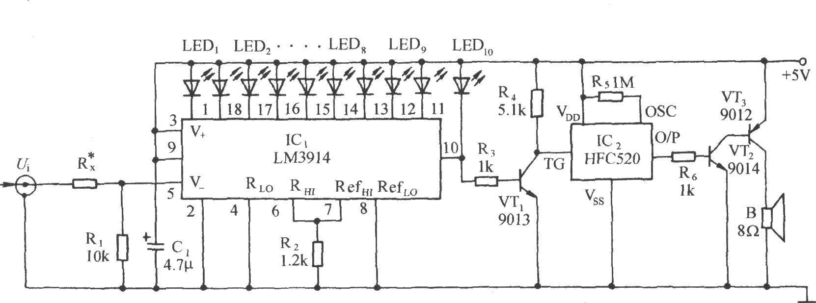 可變量程1.2～1000V線模式聲光電壓計電路