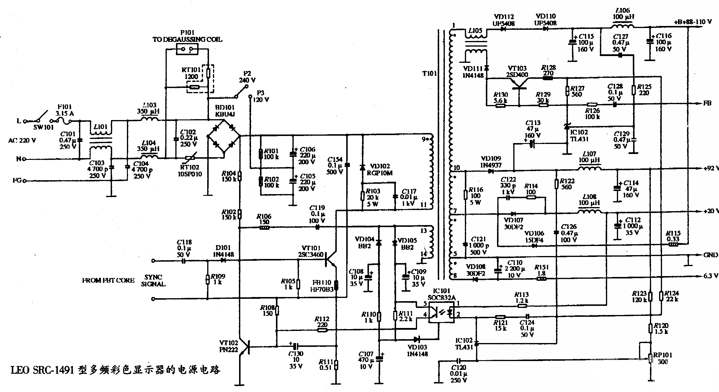 LEO SRC-1491型多频彩色显示器的电源电路图