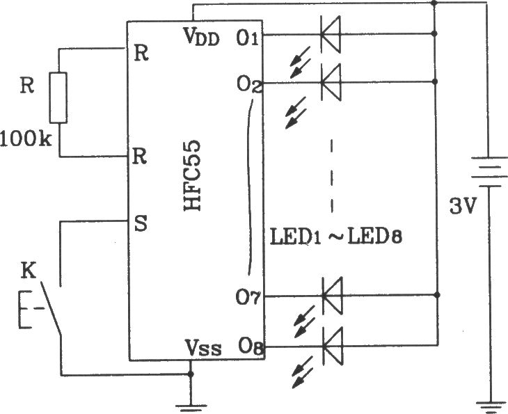 HFC55音響彩燈控制集成電路的典型應(yīng)用電路圖