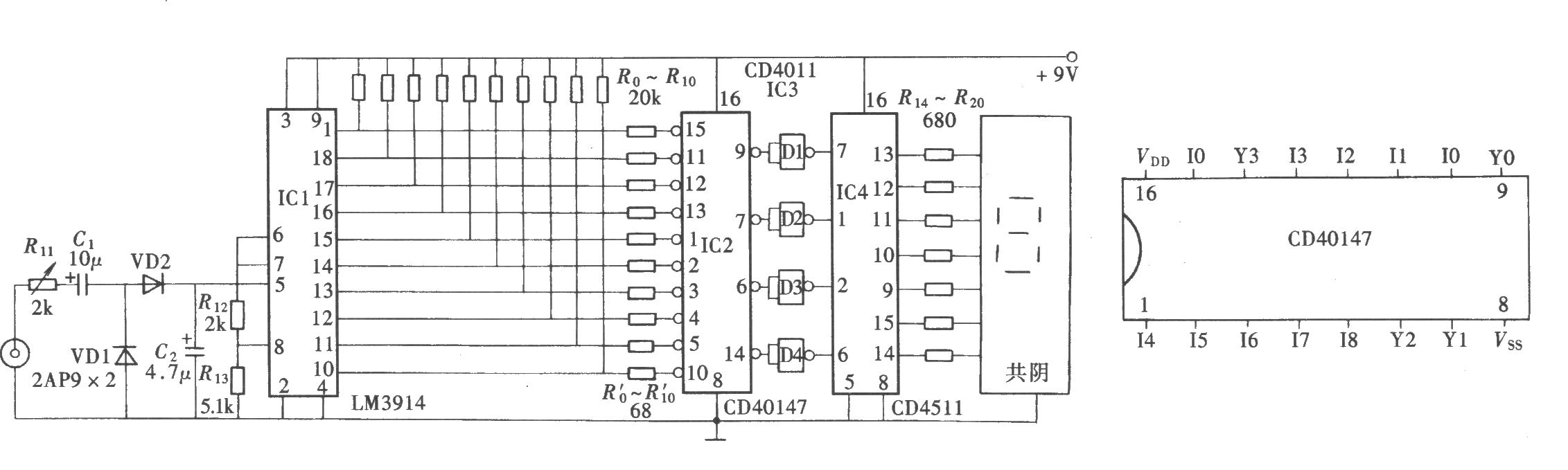 數(shù)字式電平顯示器(CD40147、CD4511)