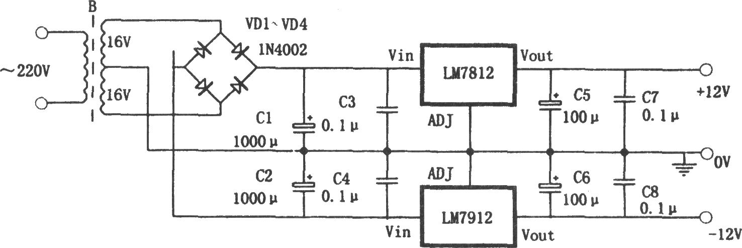 双极性对称稳压电源(LM7812、LM7912)