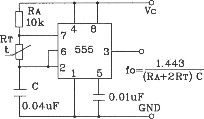 由555與精密溫度傳感器構(gòu)成的溫度頻率變換電路