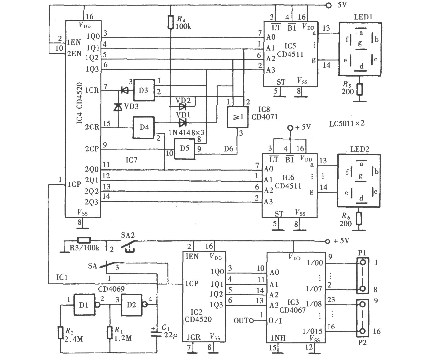 十六通道數(shù)顯式自動巡檢電路(CD4520、CD4511、CD4067)