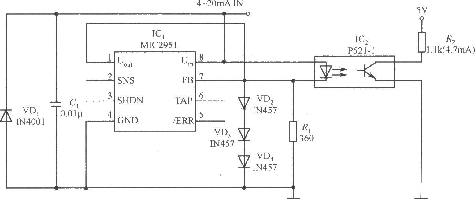 MIC2951構(gòu)成的4～20mA的電流環(huán)開路探測器電路