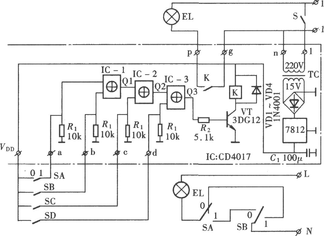 由CD4017组成的单负载多地点开关控制电路
