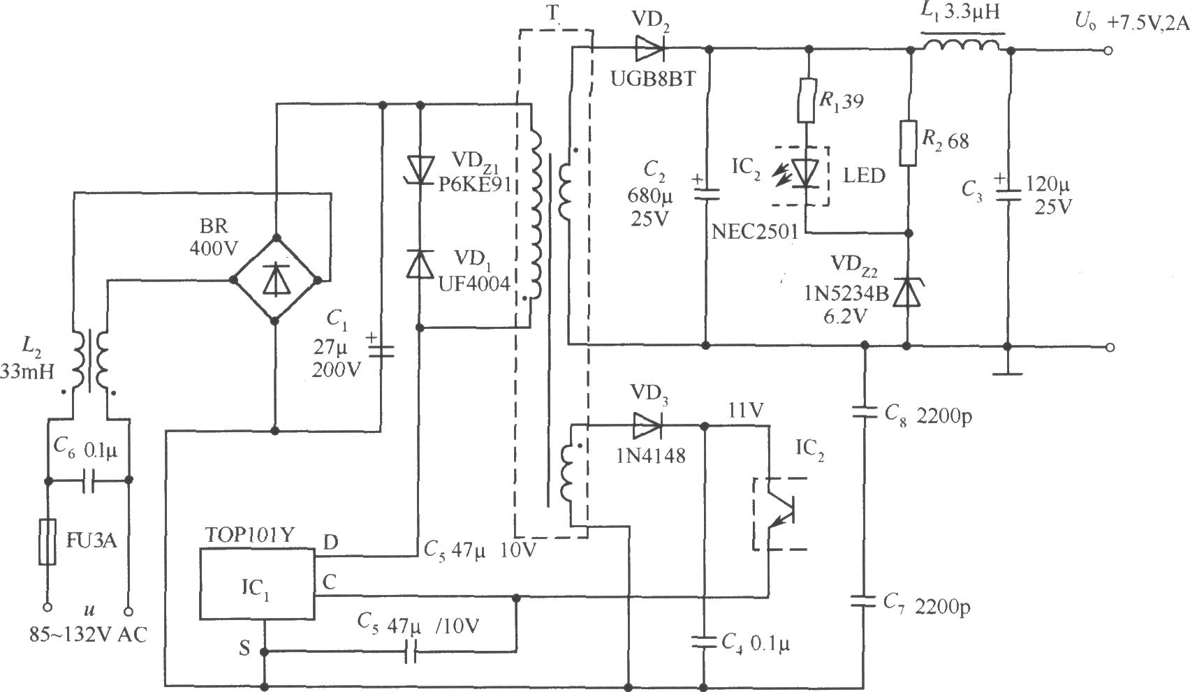 TOP101Y構成的 7.5V、2A輸出的開關直流穩壓電源電路